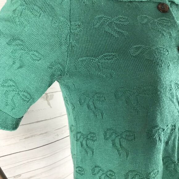 True Vintage Cardigan Sweater Medium Green Bow Embossed Thin Knit Collar Unique - Picture 5 of 12